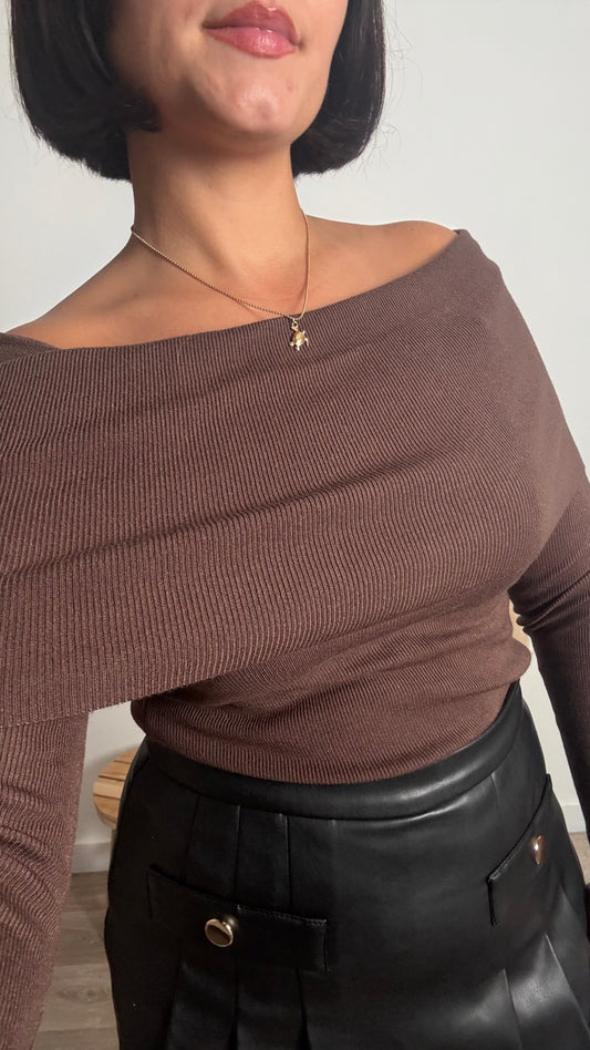 Top marron épaule dénudée- MILLIE