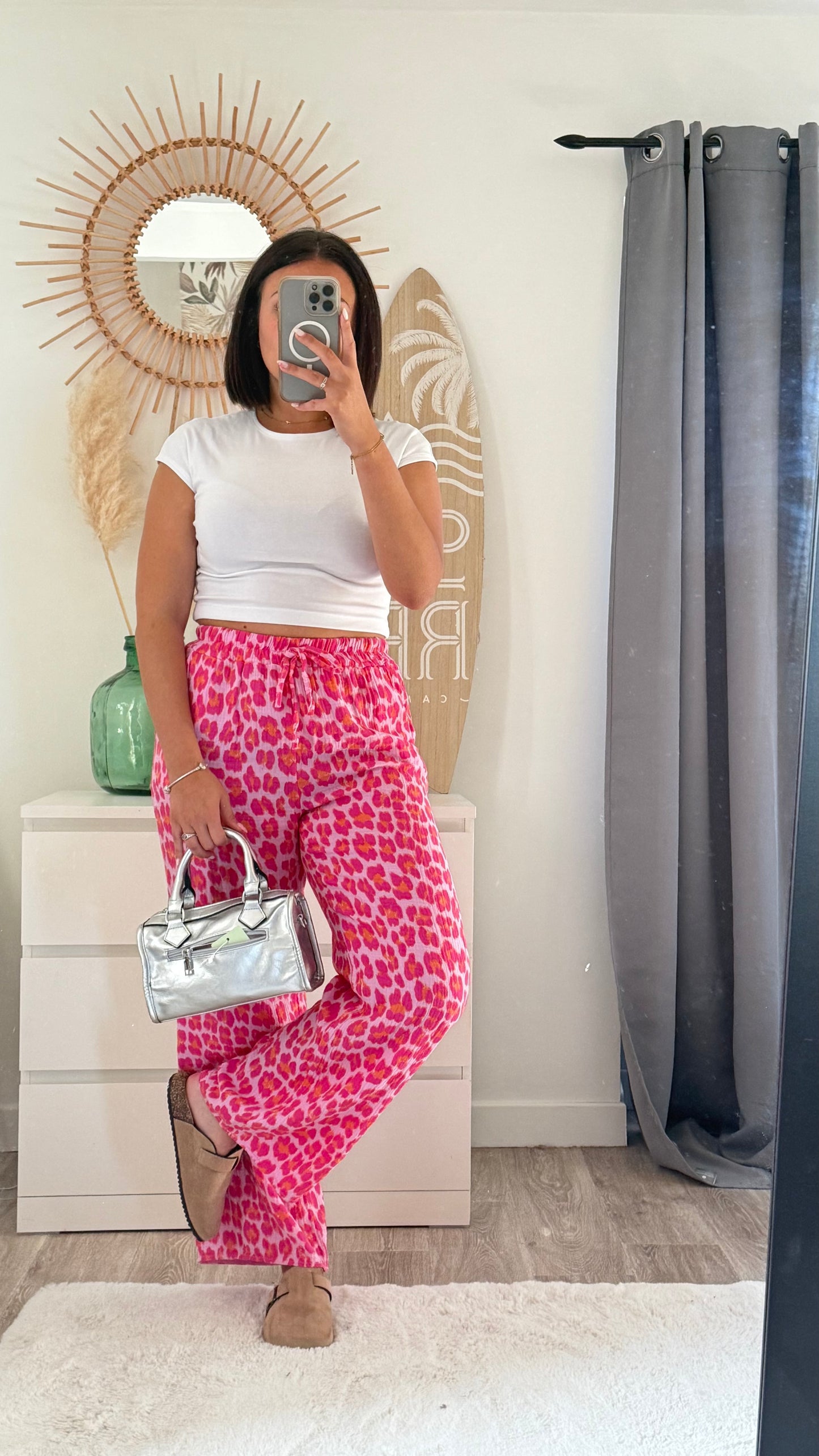 Pantalon en gaze de coton léopard rose- MONA