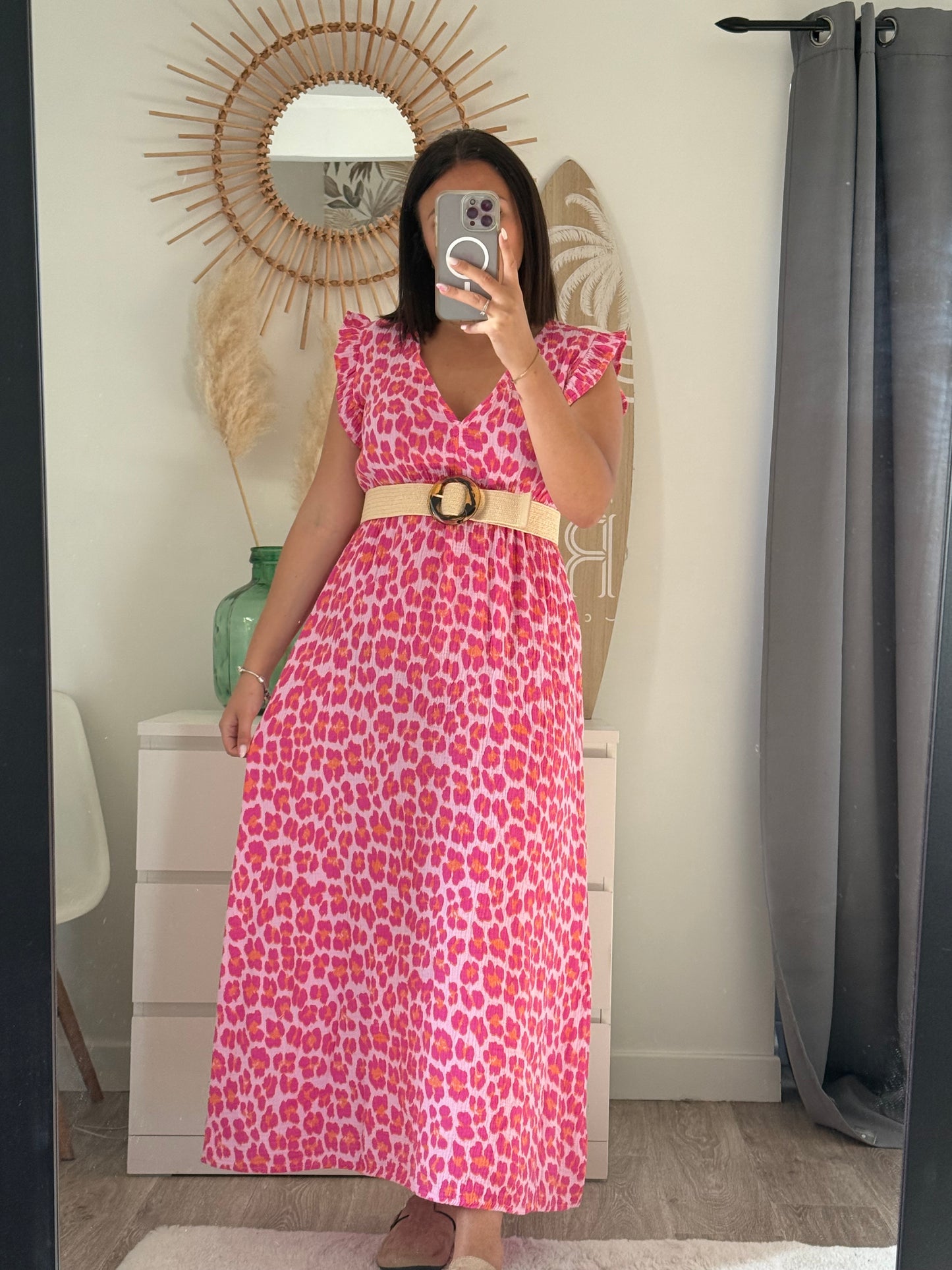 Robe en gaze de coton léopard rose- THALIA
