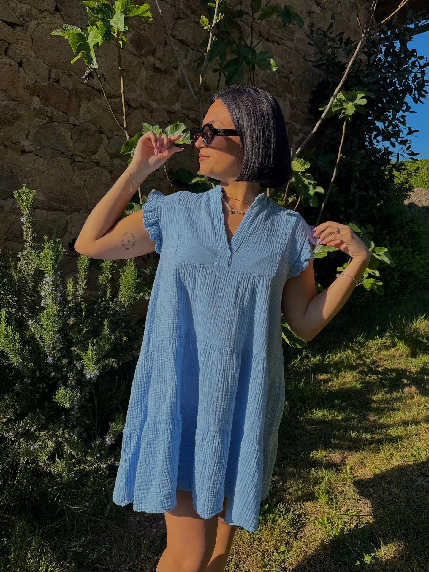 Robe en gaze de coton bleu - PRISCA