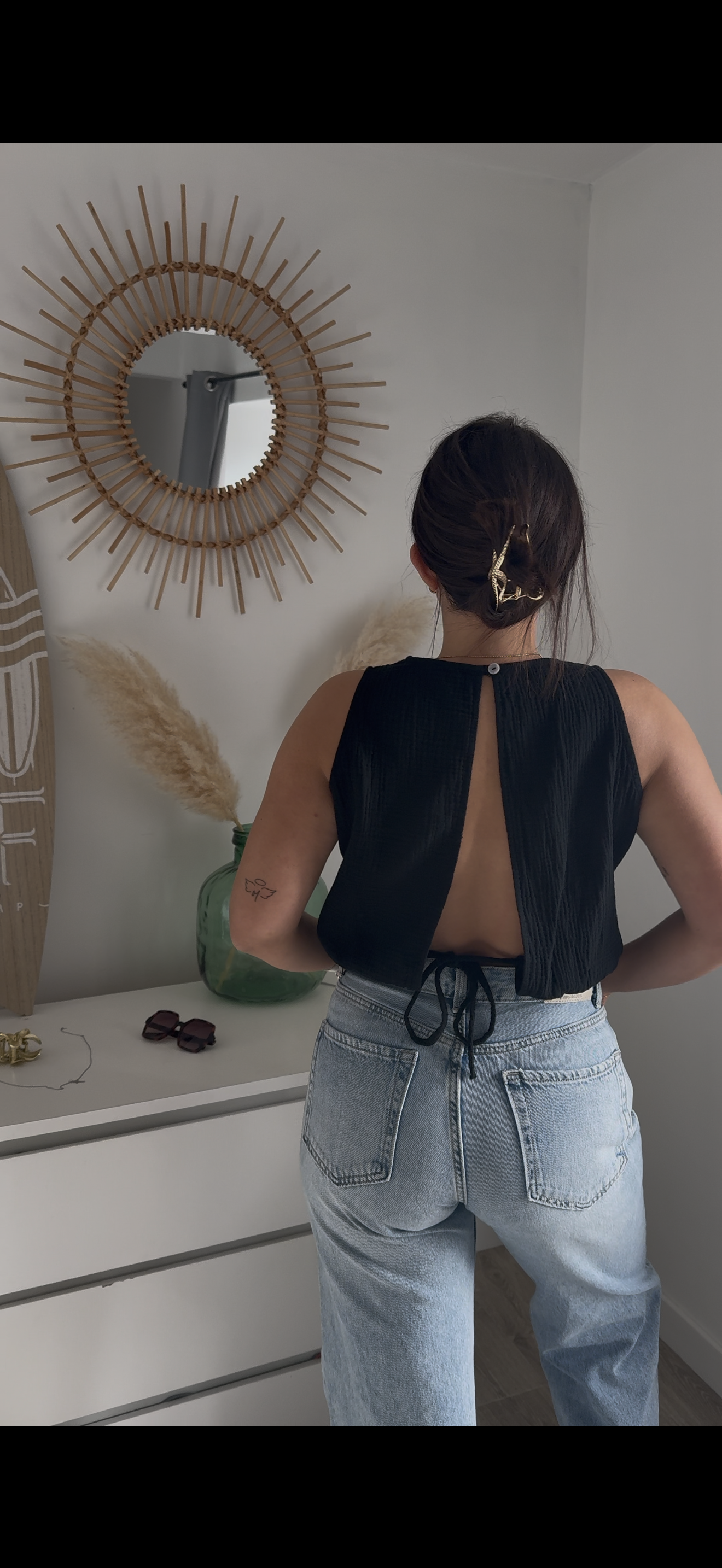 Top dos nu en gaze de coton noir RITA