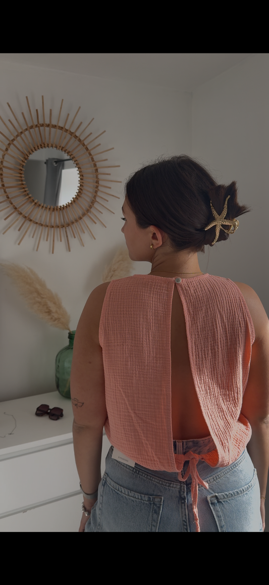 Top dos nu en gaze de coton Corail- RITA