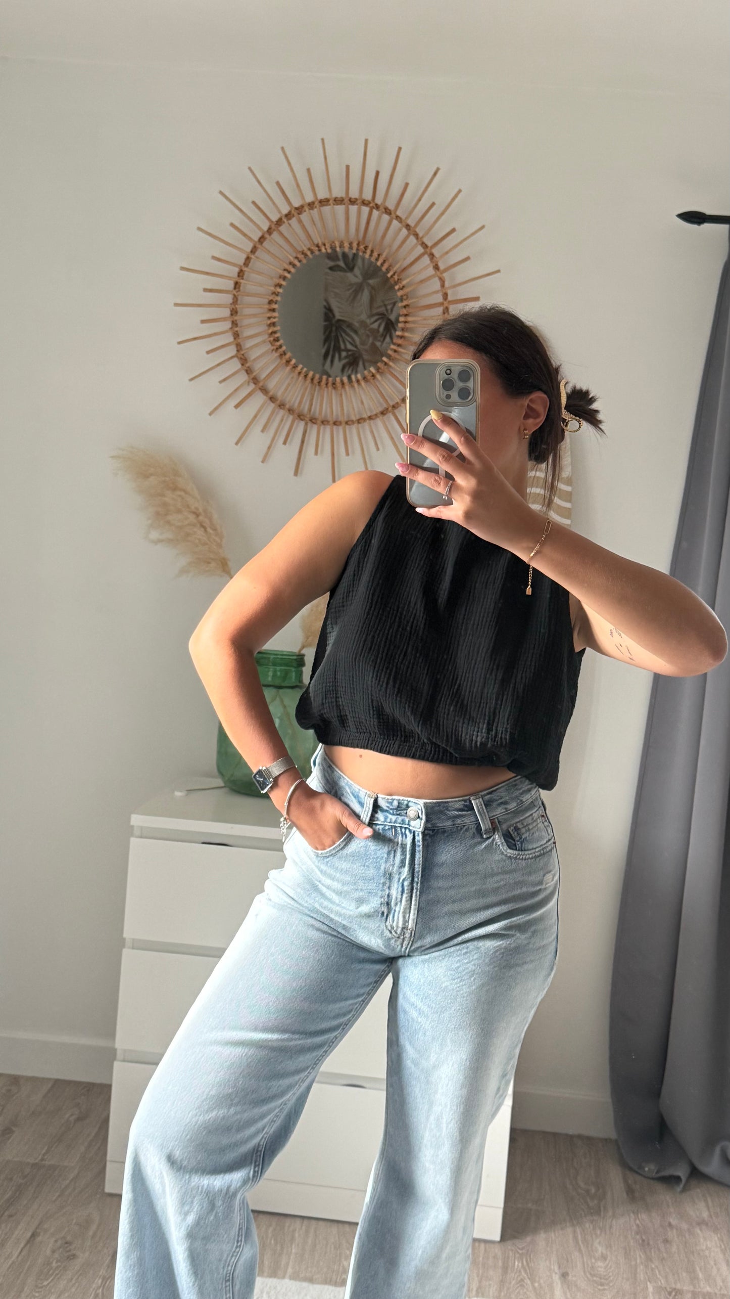 Top dos nu en gaze de coton noir RITA