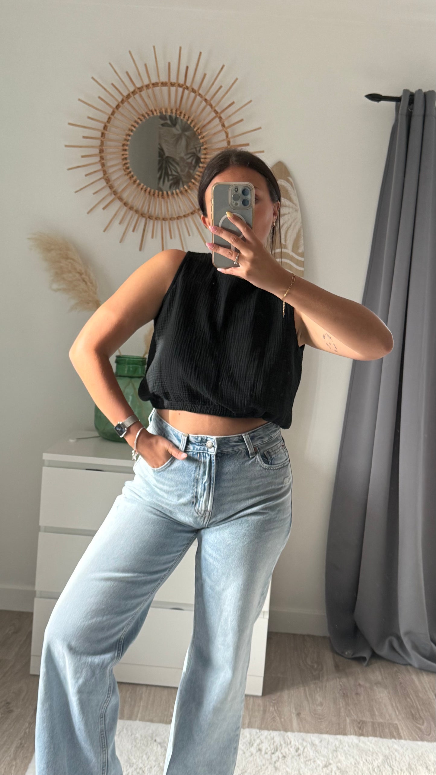 Top dos nu en gaze de coton noir RITA