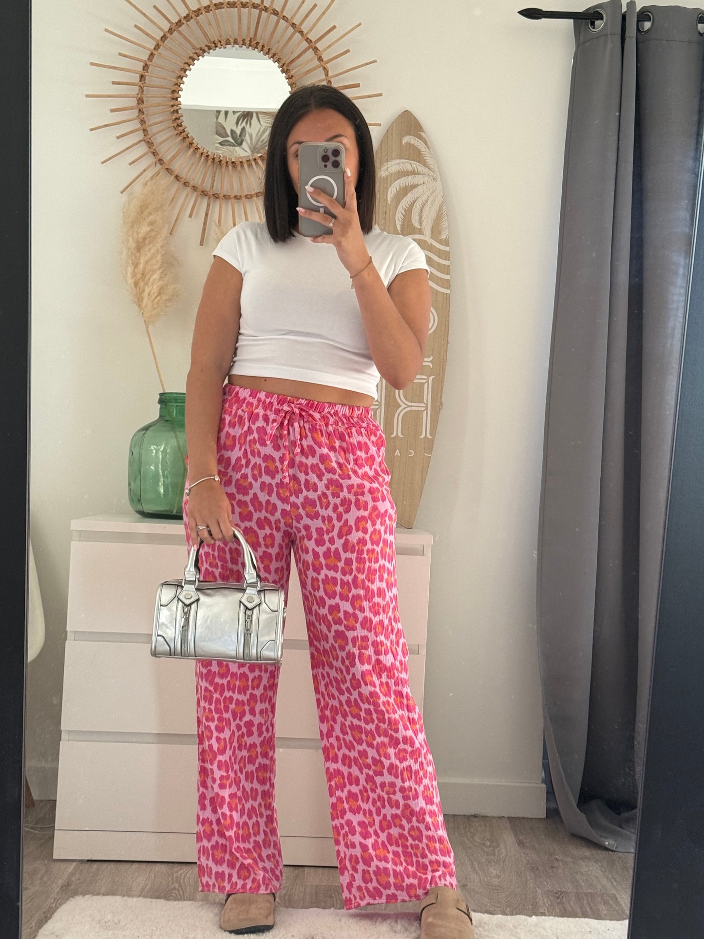 Pantalon en gaze de coton léopard rose- MONA