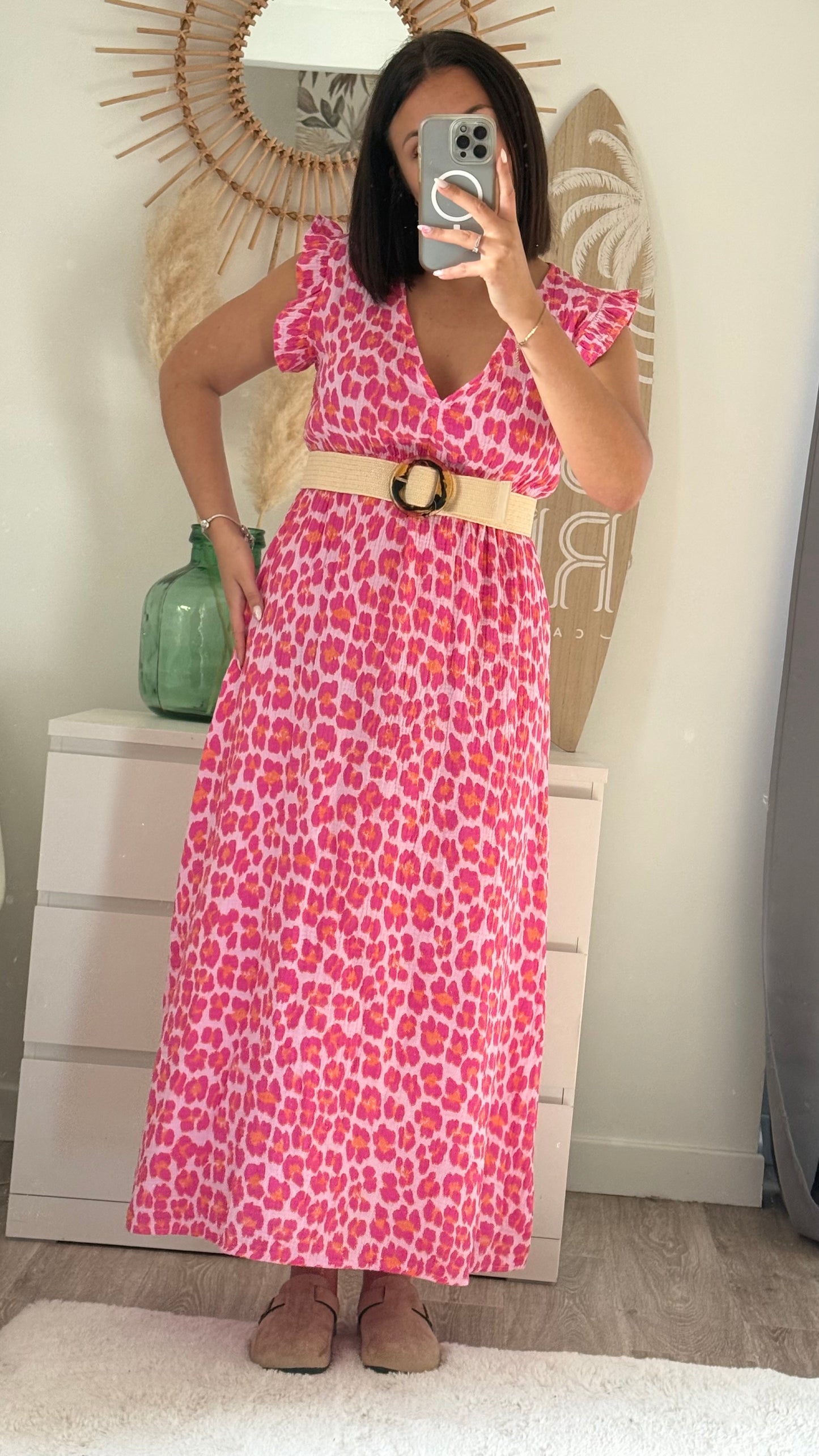 Robe en gaze de coton léopard rose- THALIA