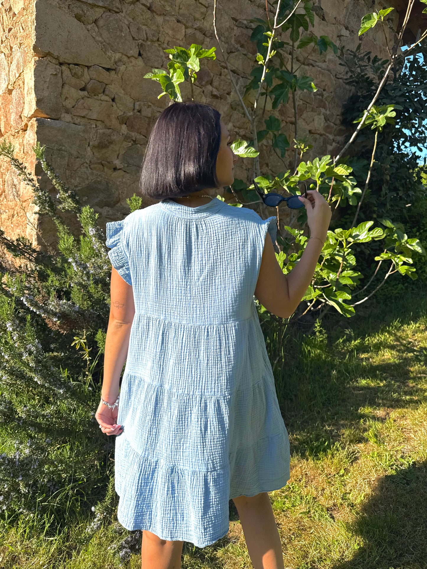 Robe en gaze de coton bleu - PRISCA