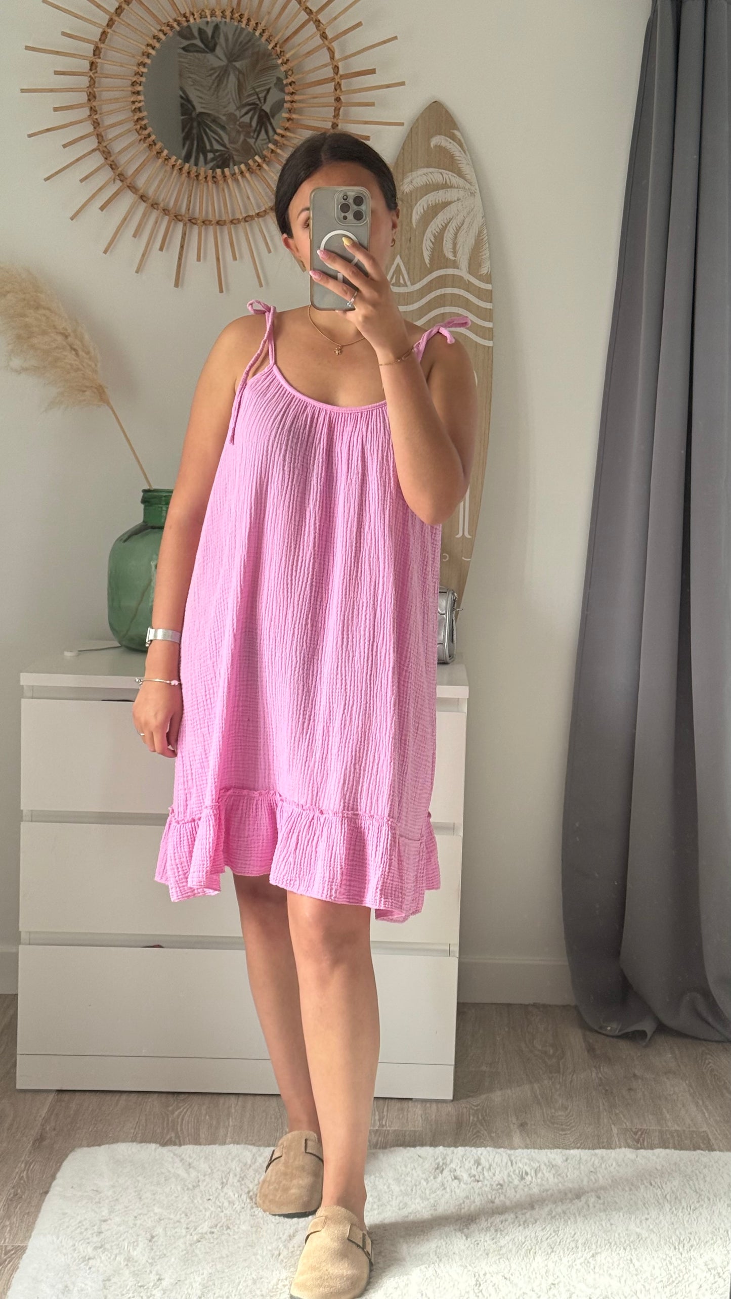 Robe rose en gaze de coton-GLORIA