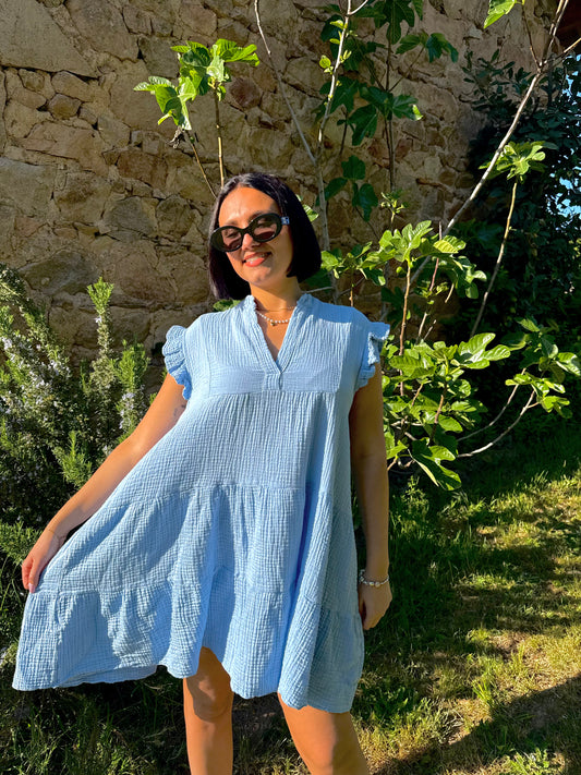 Robe en gaze de coton bleu - PRISCA