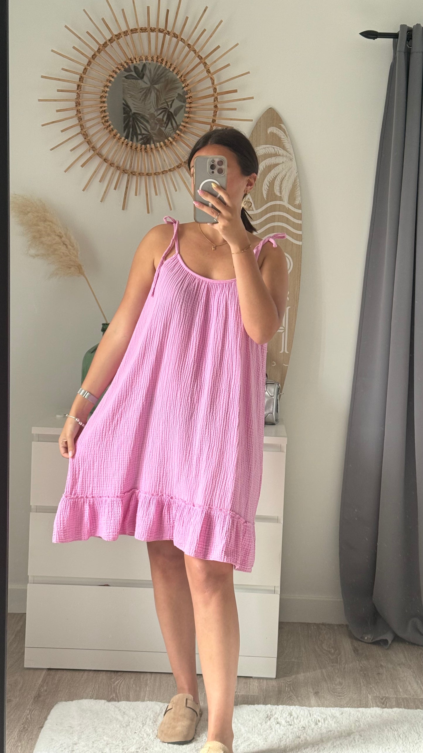 Robe rose en gaze de coton-GLORIA