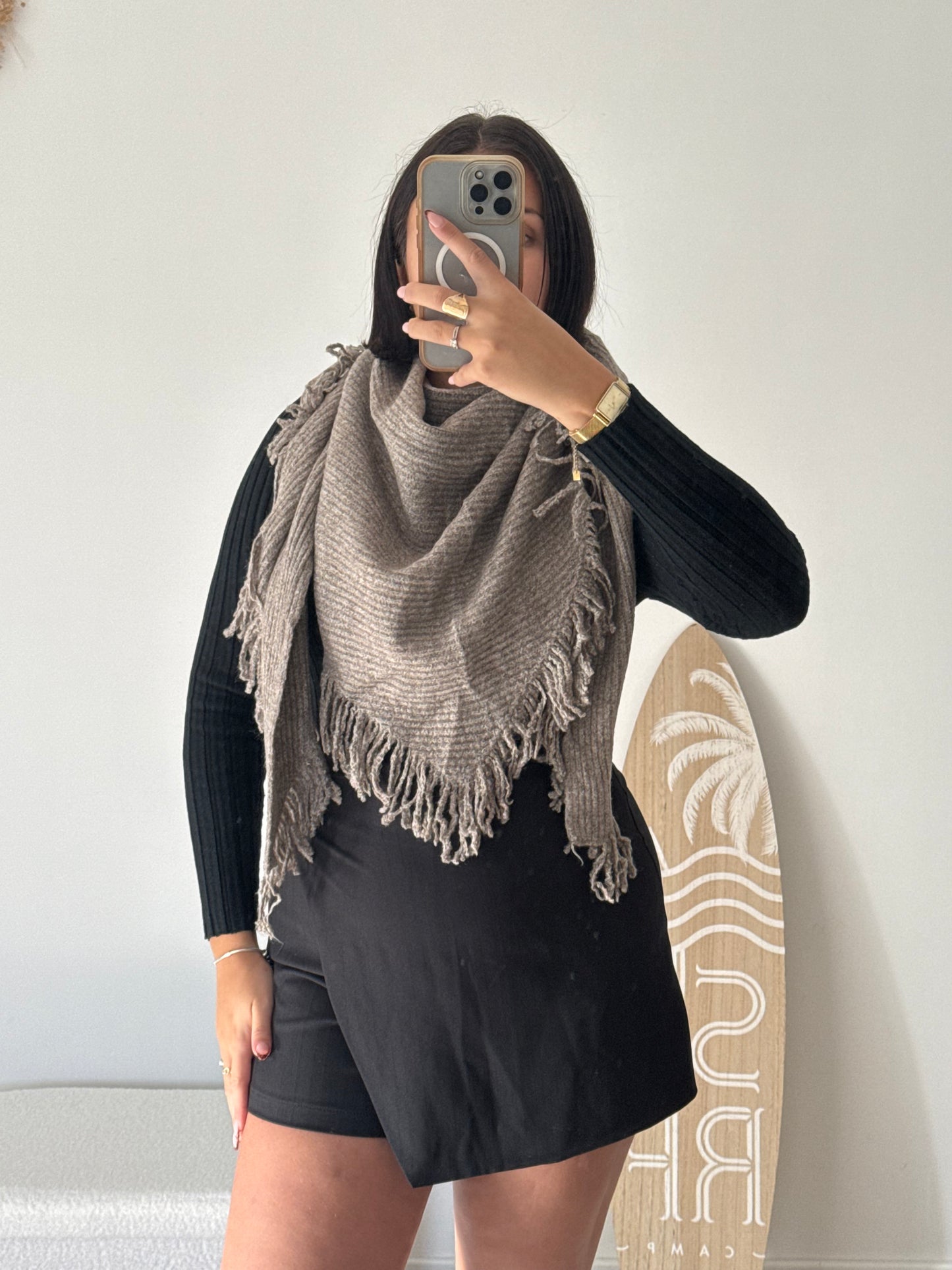 Poncho à franges 2 en 1 - TAUPE