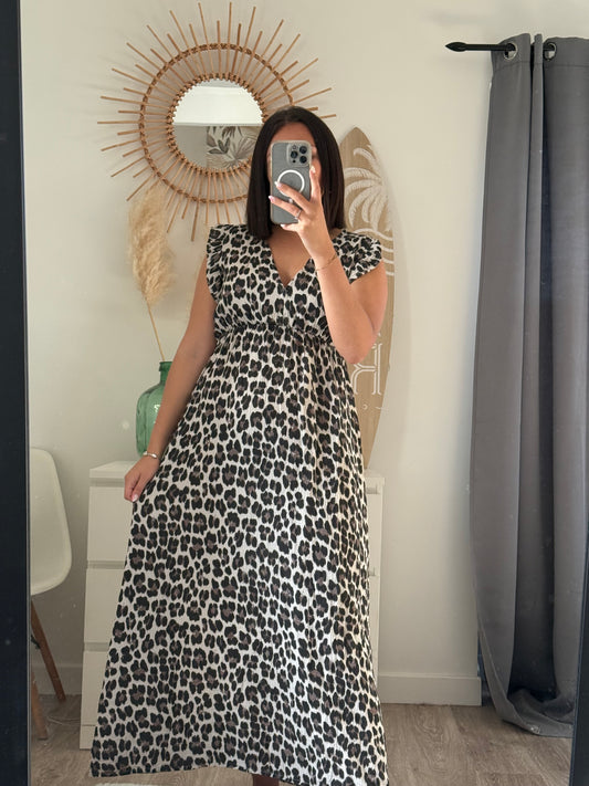 Robe en gaze de coton léopard beige- THALIA