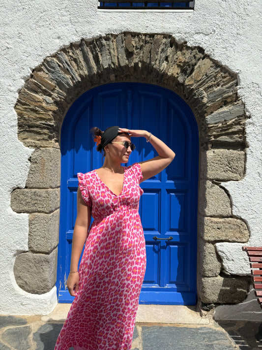 Robe en gaze de coton léopard rose- THALIA