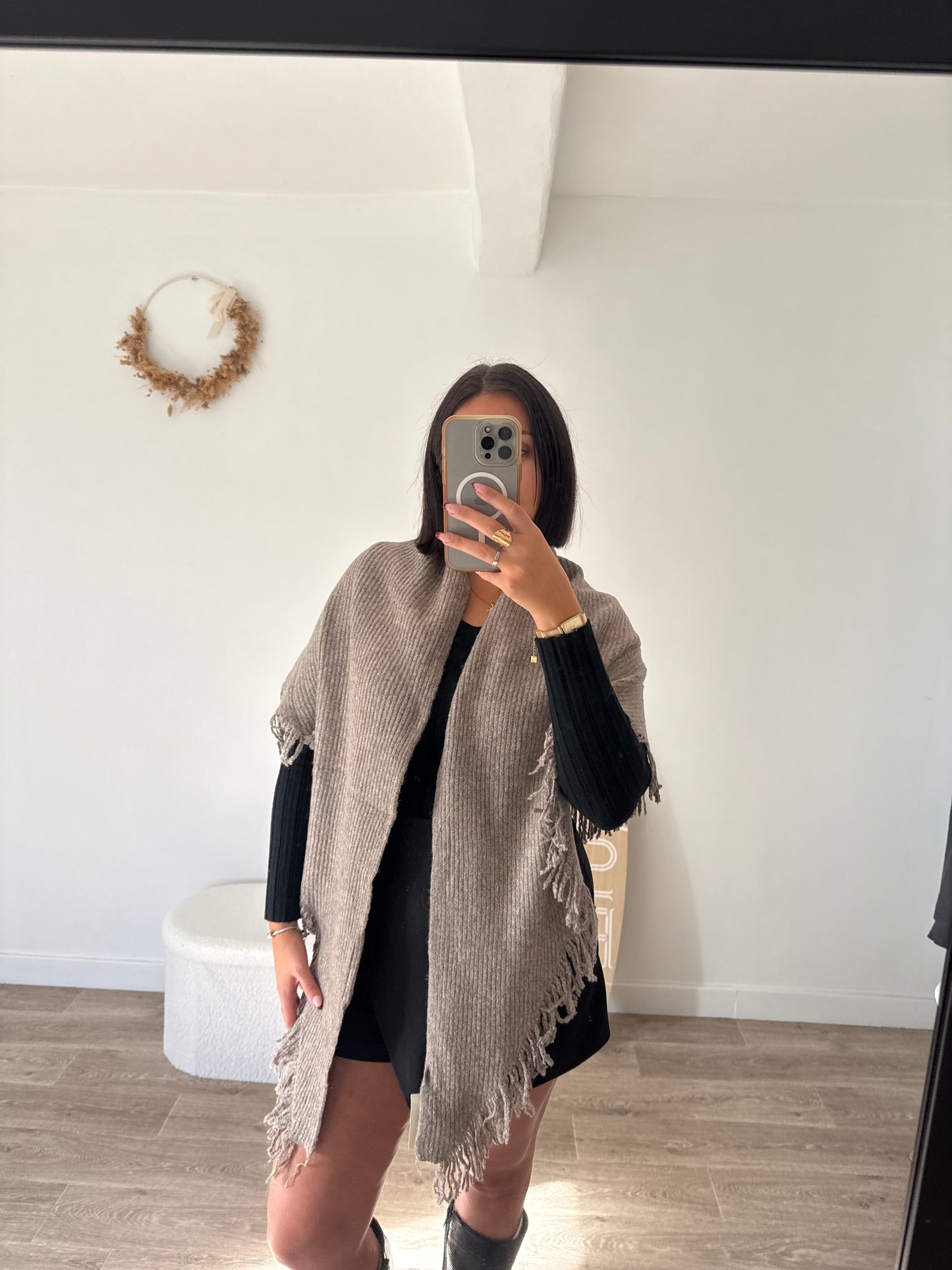 Poncho à franges 2 en 1 - TAUPE